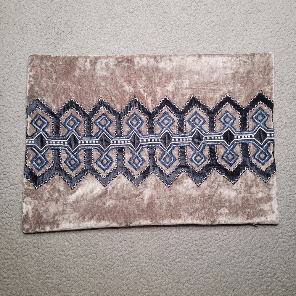 Ethan Allen Pillow Cover Gray Blue Velvet Embroidered Geometric Boho Rectangle